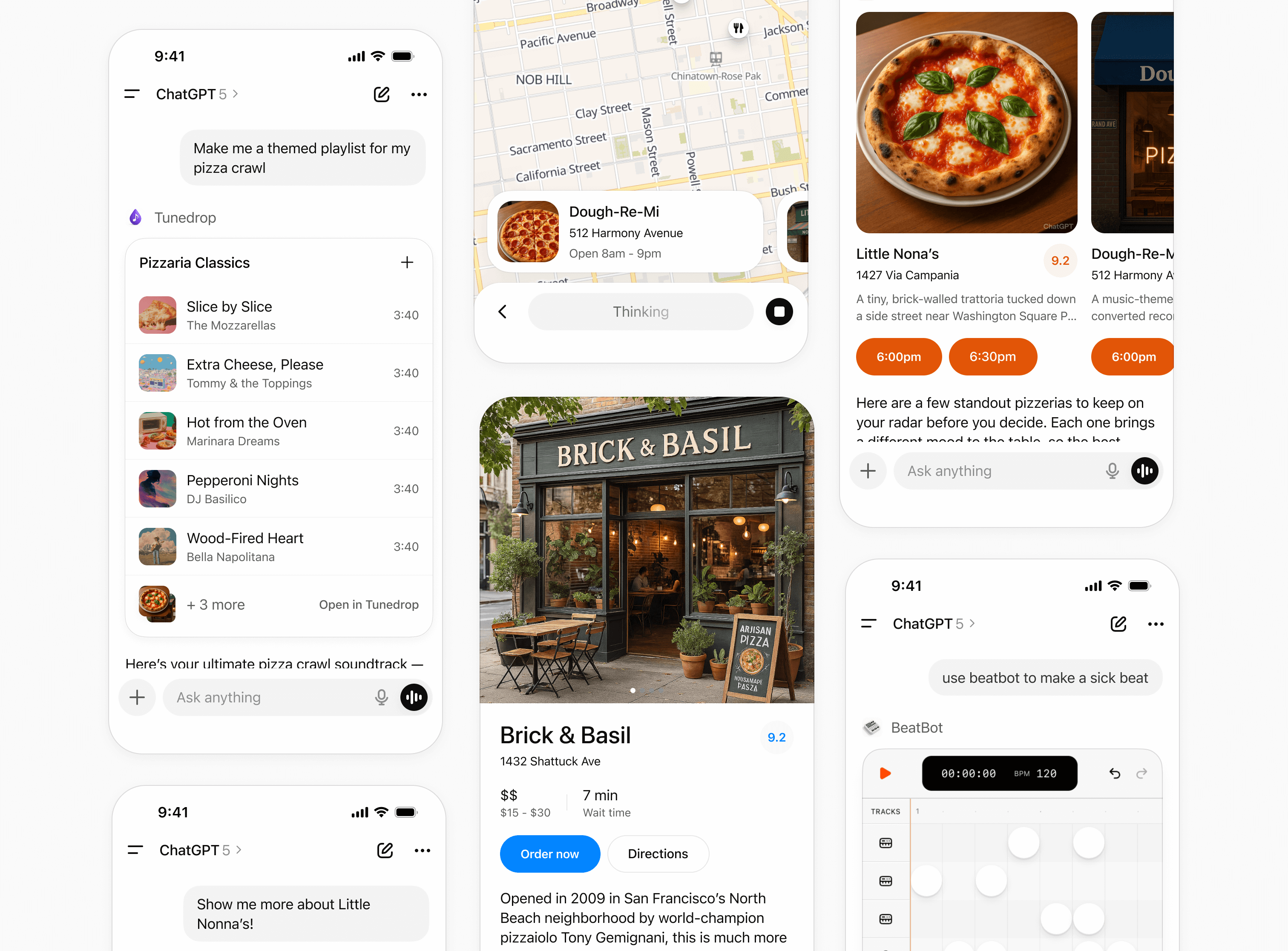 A variety of app interfaces within ChatGPT, highlighting the range of images, buttons, and other UI elements available