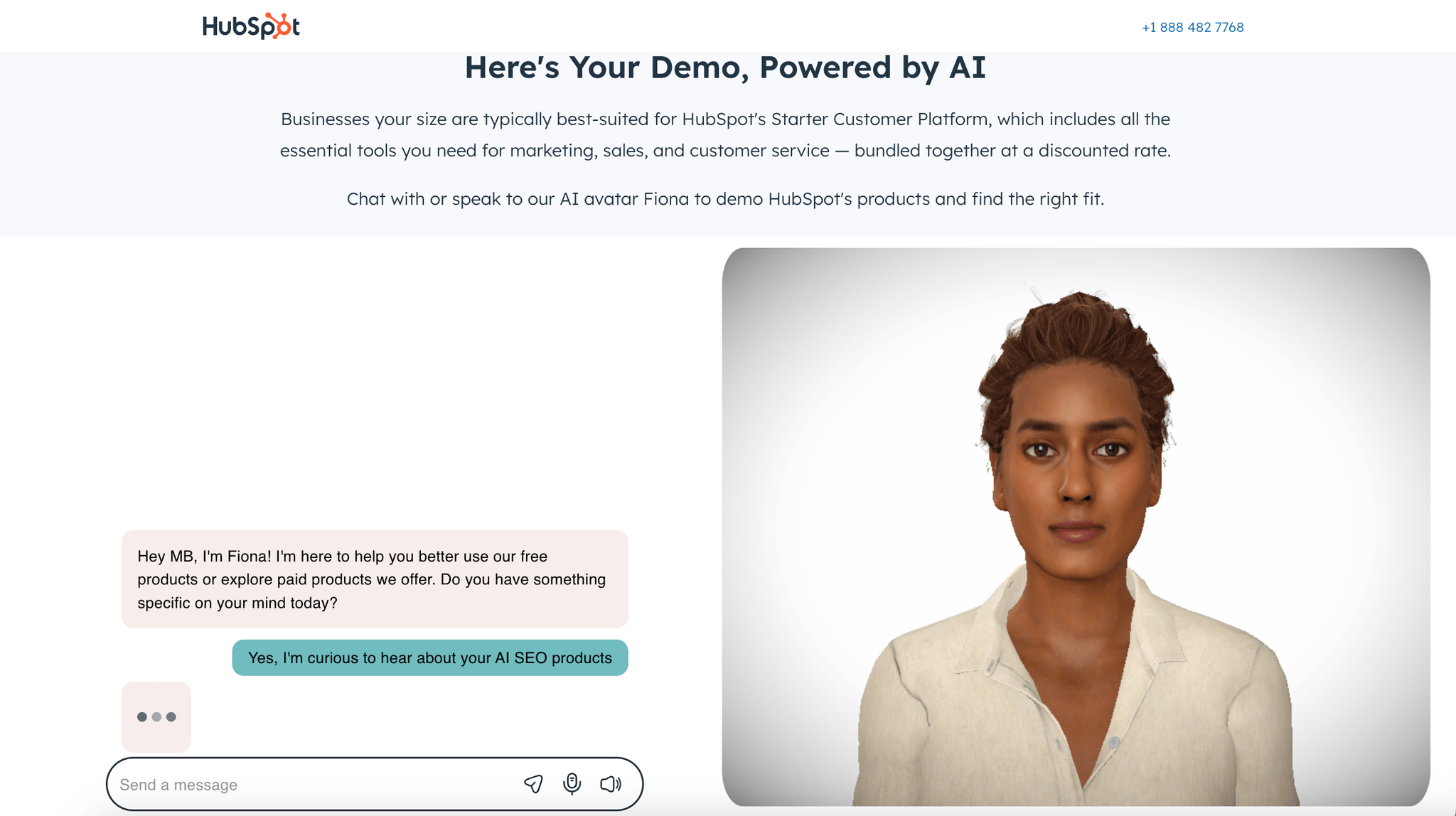 A chat with Fiona, an AI avatar with a chat window