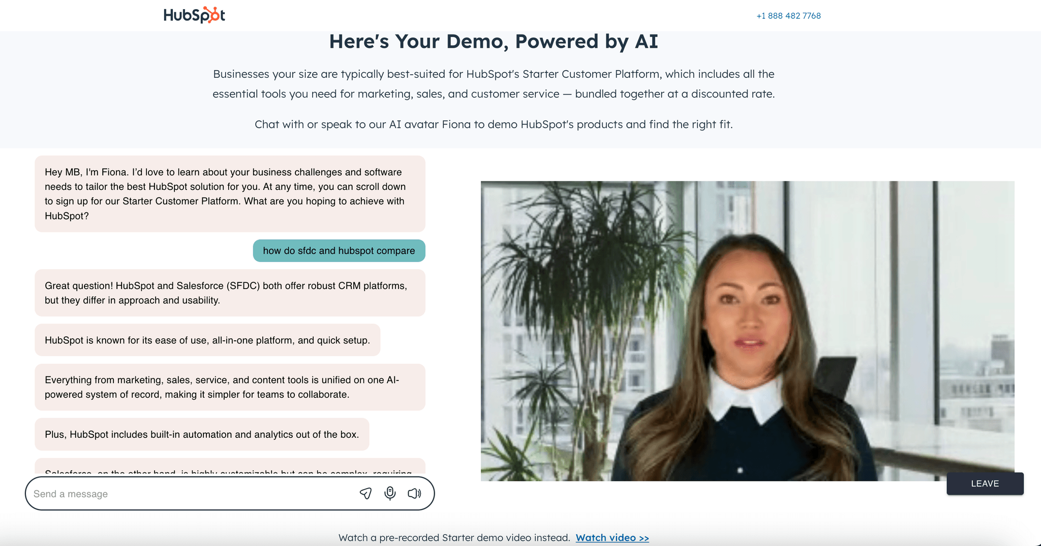 A chat with Fiona, an AI avatar with a chat window