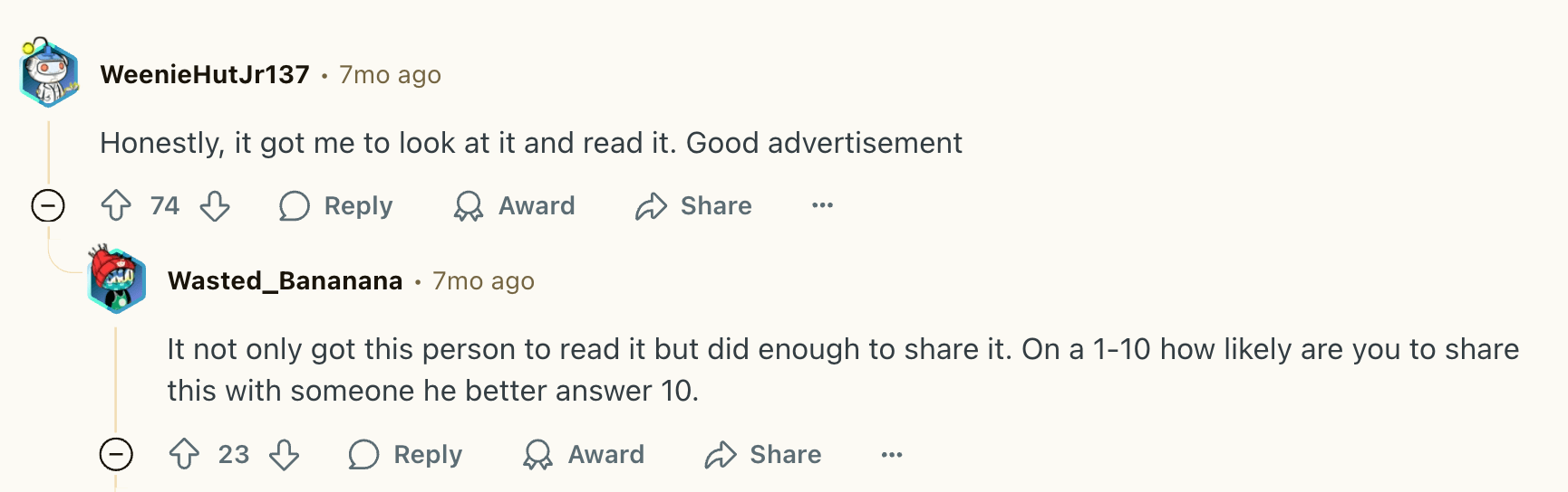 Reddit comments commenting on the ad quality and wanting to share it