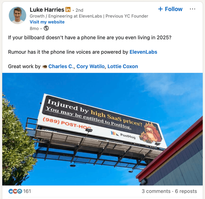 PostHog billboard, screeenshot from LInkedIn