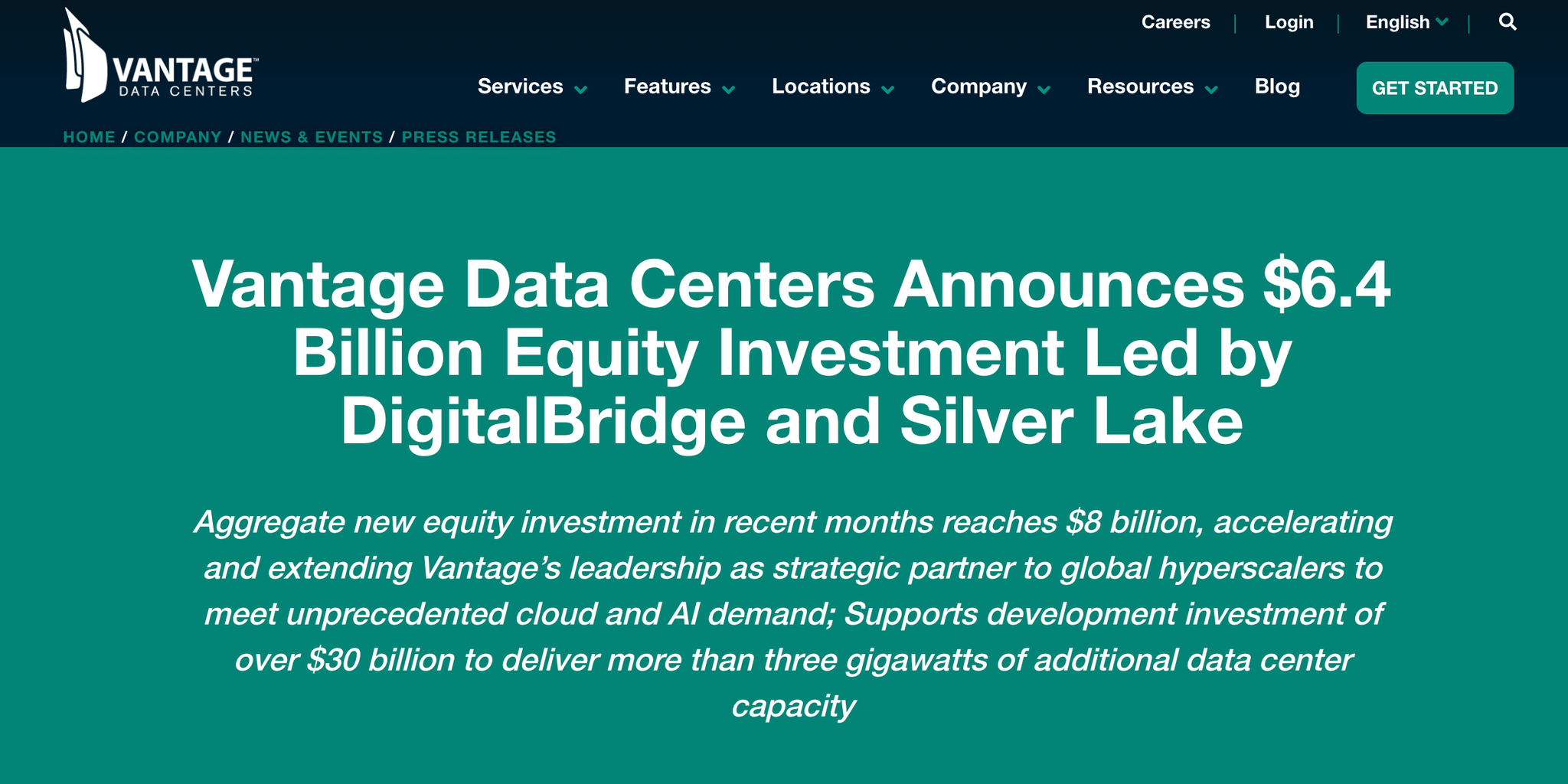 Vantage Data Centers Announces $6.4 Billion Equity Investment Led by DigitalBridge and Silver Lake
